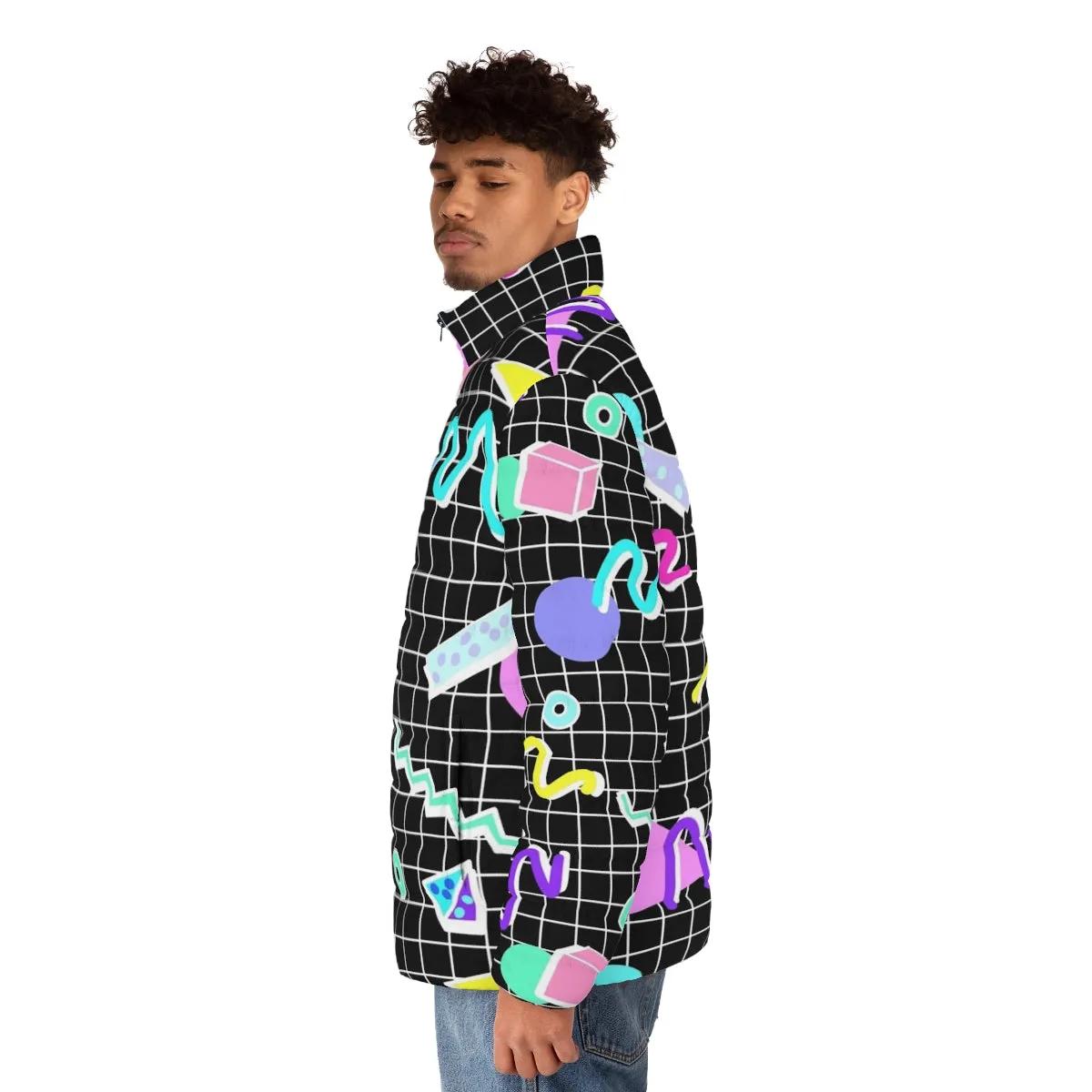 80s Retro Party Grid Design Black Puffer Jacket