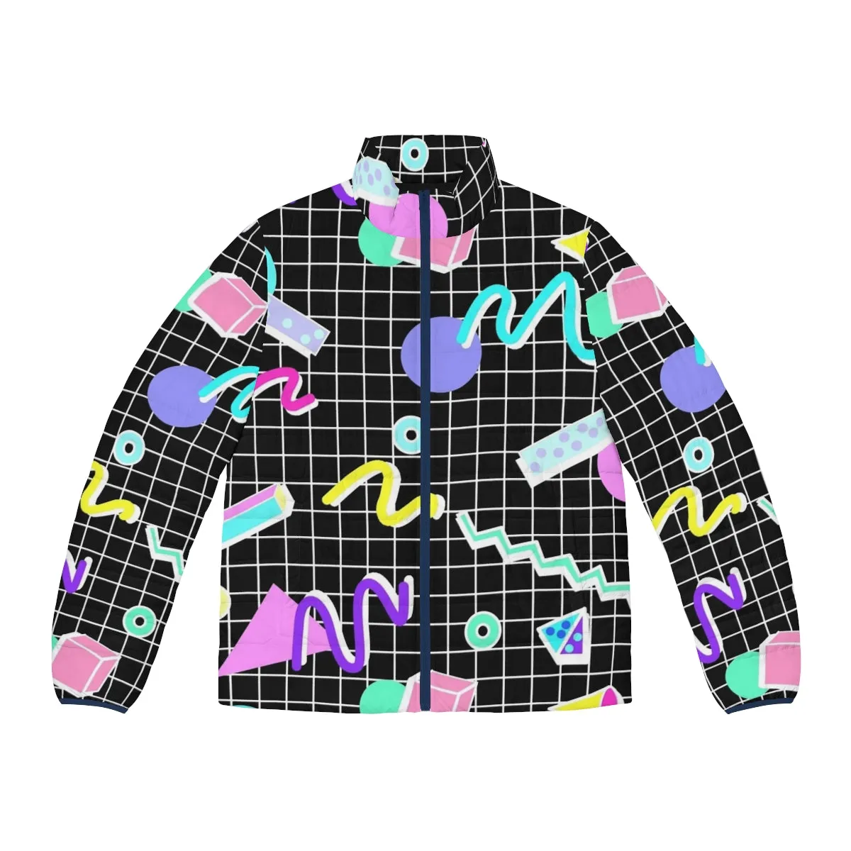 80s Retro Party Grid Design Black Puffer Jacket