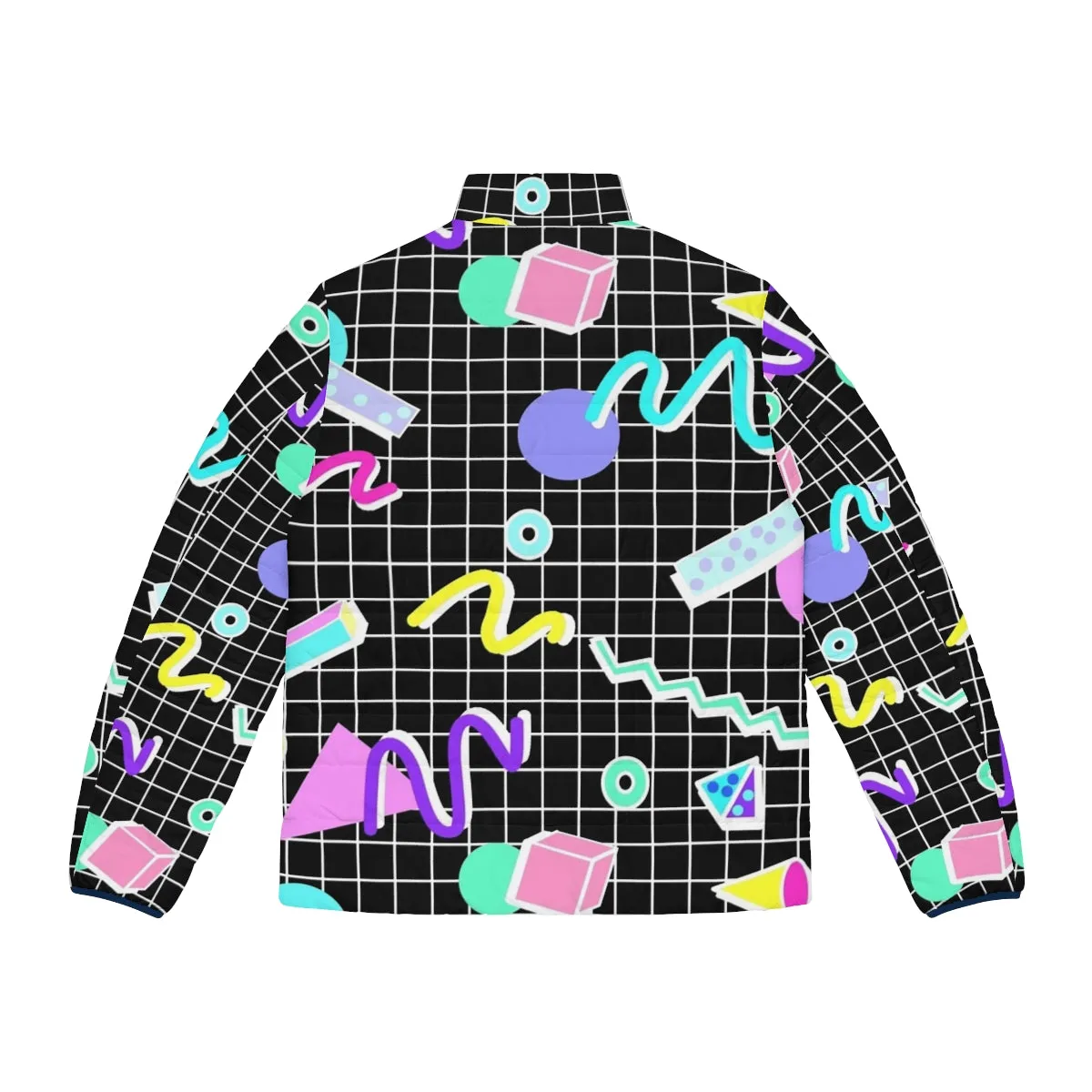 80s Retro Party Grid Design Black Puffer Jacket