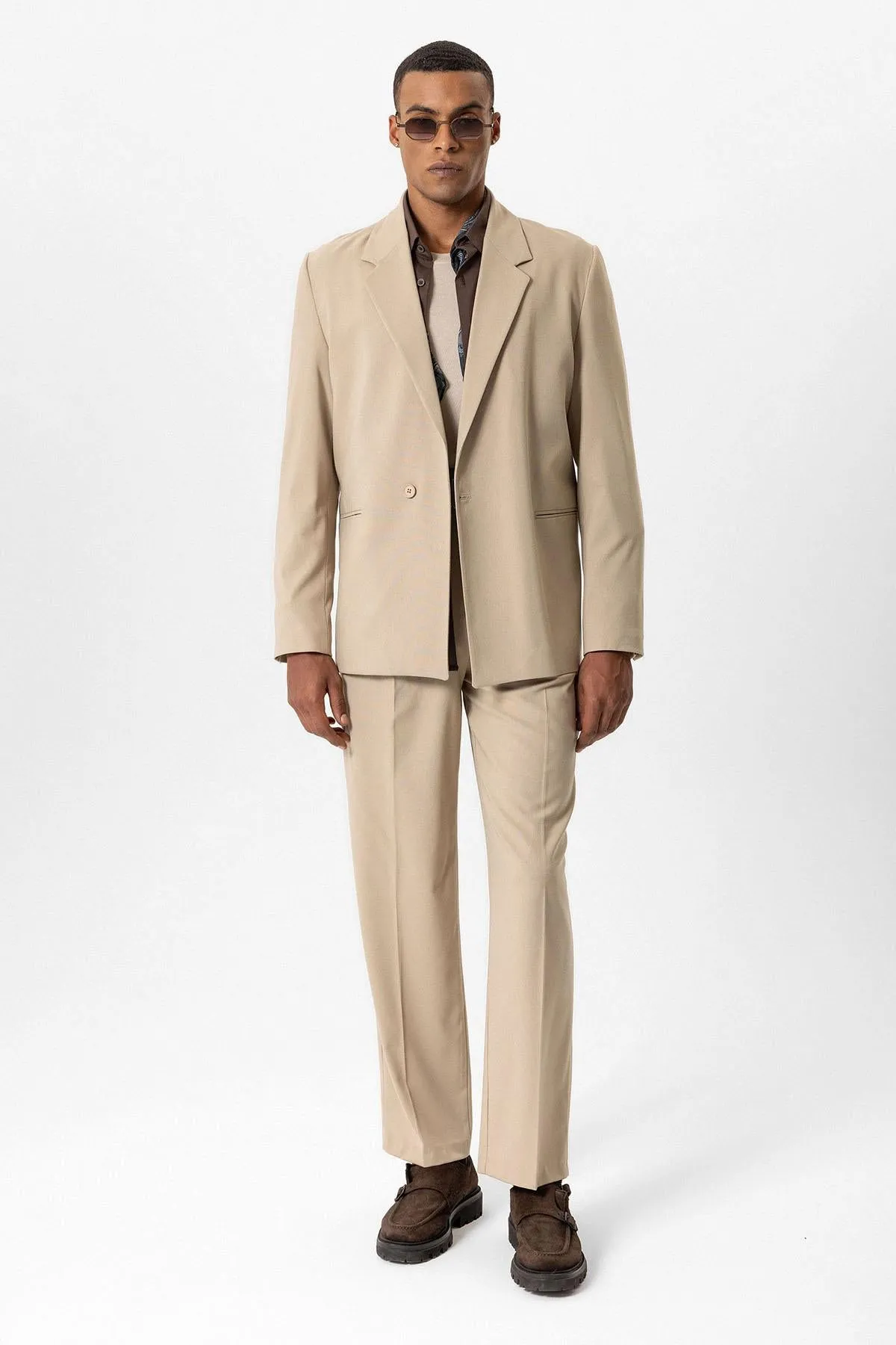 Beige Single-Button Relaxed Men's Blazer Jacket - Wessi