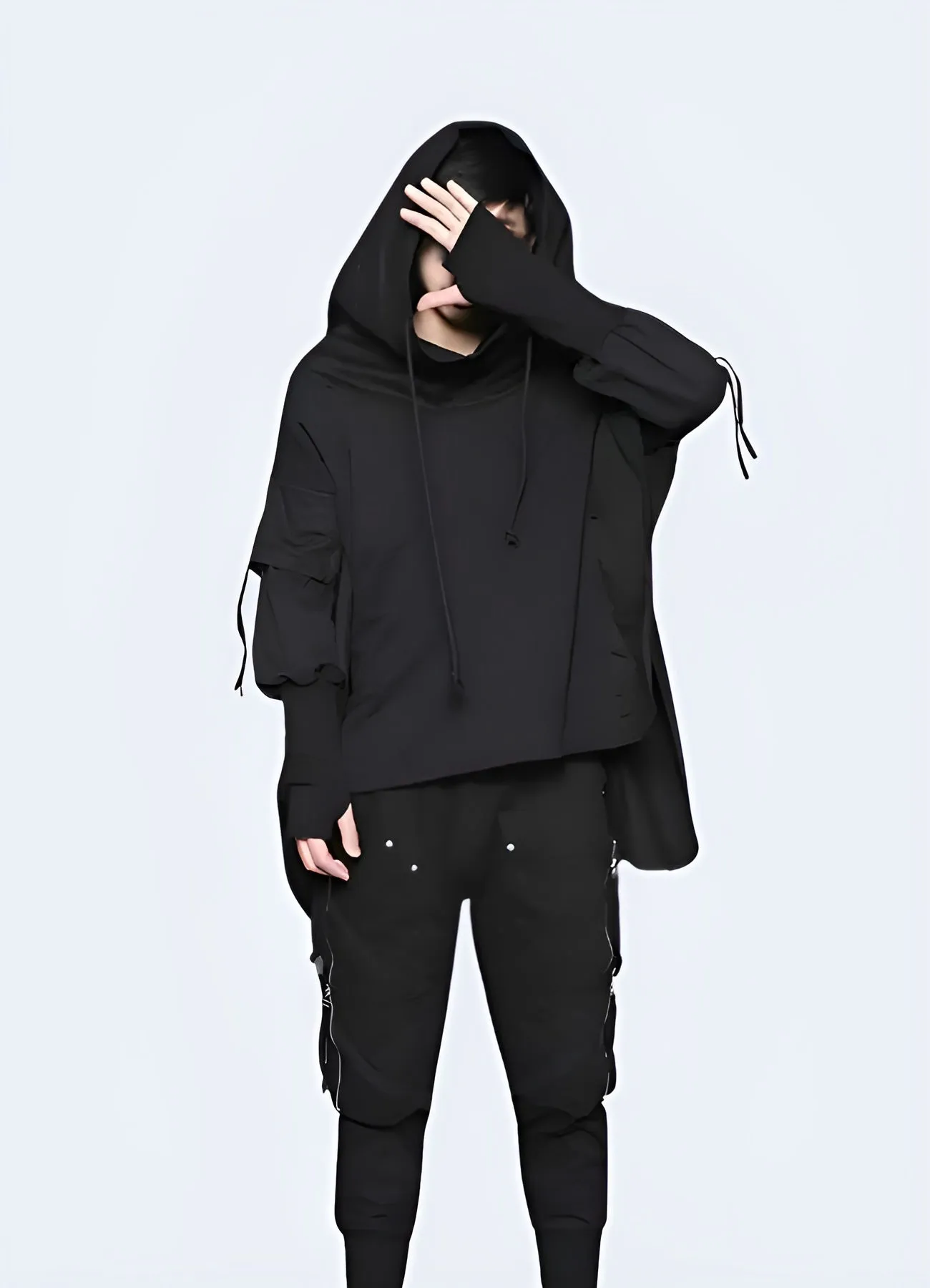 Black Hooded Poncho Sweater Men's with Long Sleeve