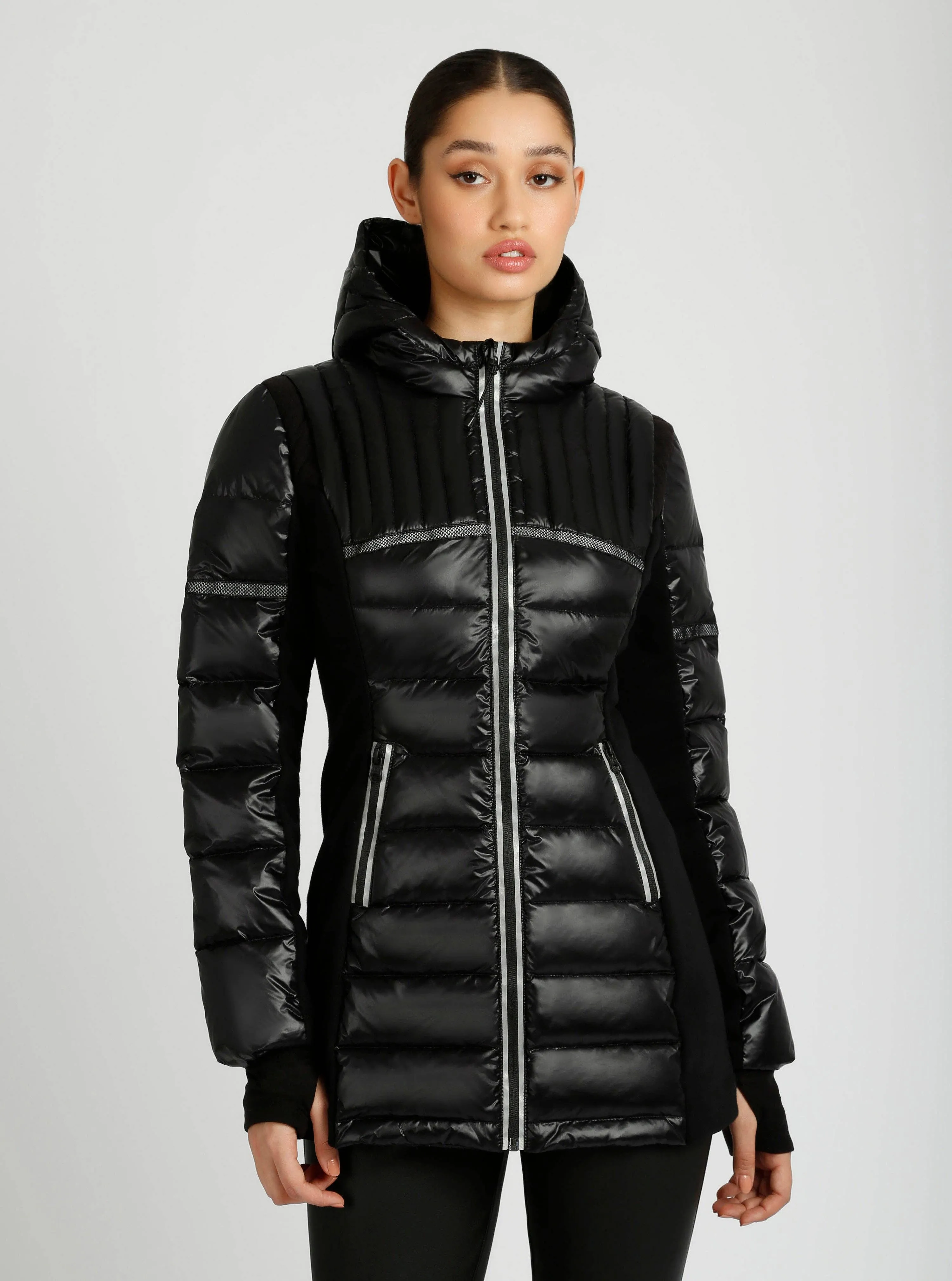 Blanc Noir Reflective Inset Hooded Featherweight Down Parka Coat.