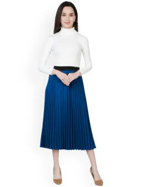 Blue Solid Flared Midi Skirt