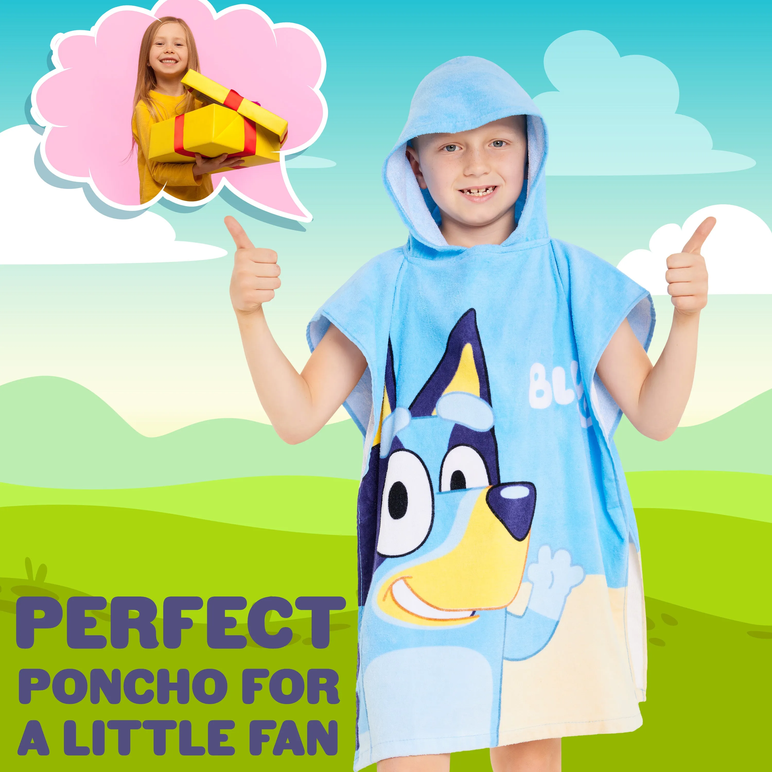 Bluey Towelling Poncho - Hooded Dry Robe for Kids,  Beach Poncho