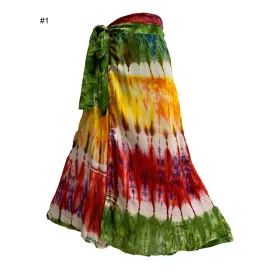 Bohemian Ethnic Tie-Dye Floral Paisley Print Wrap Around Gypsy Midi Skirt