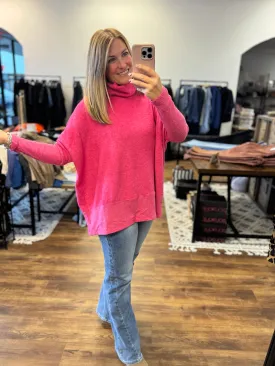 Brushed Melange Turtleneck Poncho Pullover - Fuchsia