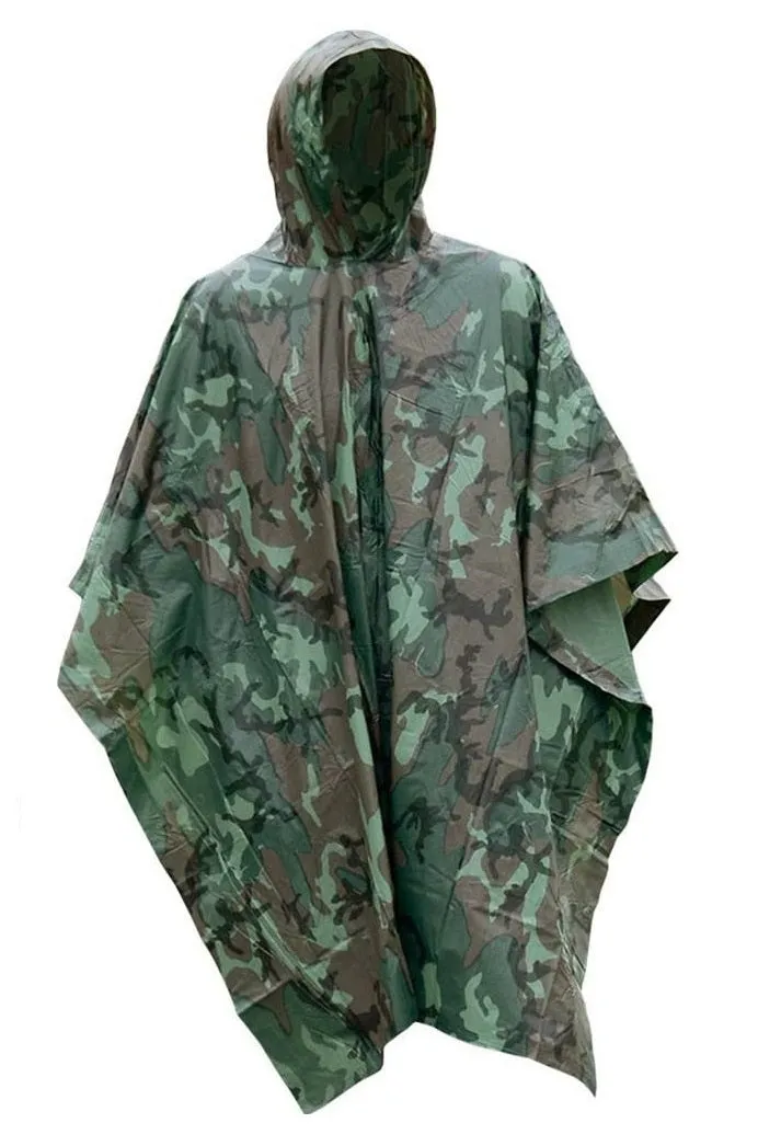 Camo Vinyl Wet Weather Rain Poncho Military Style