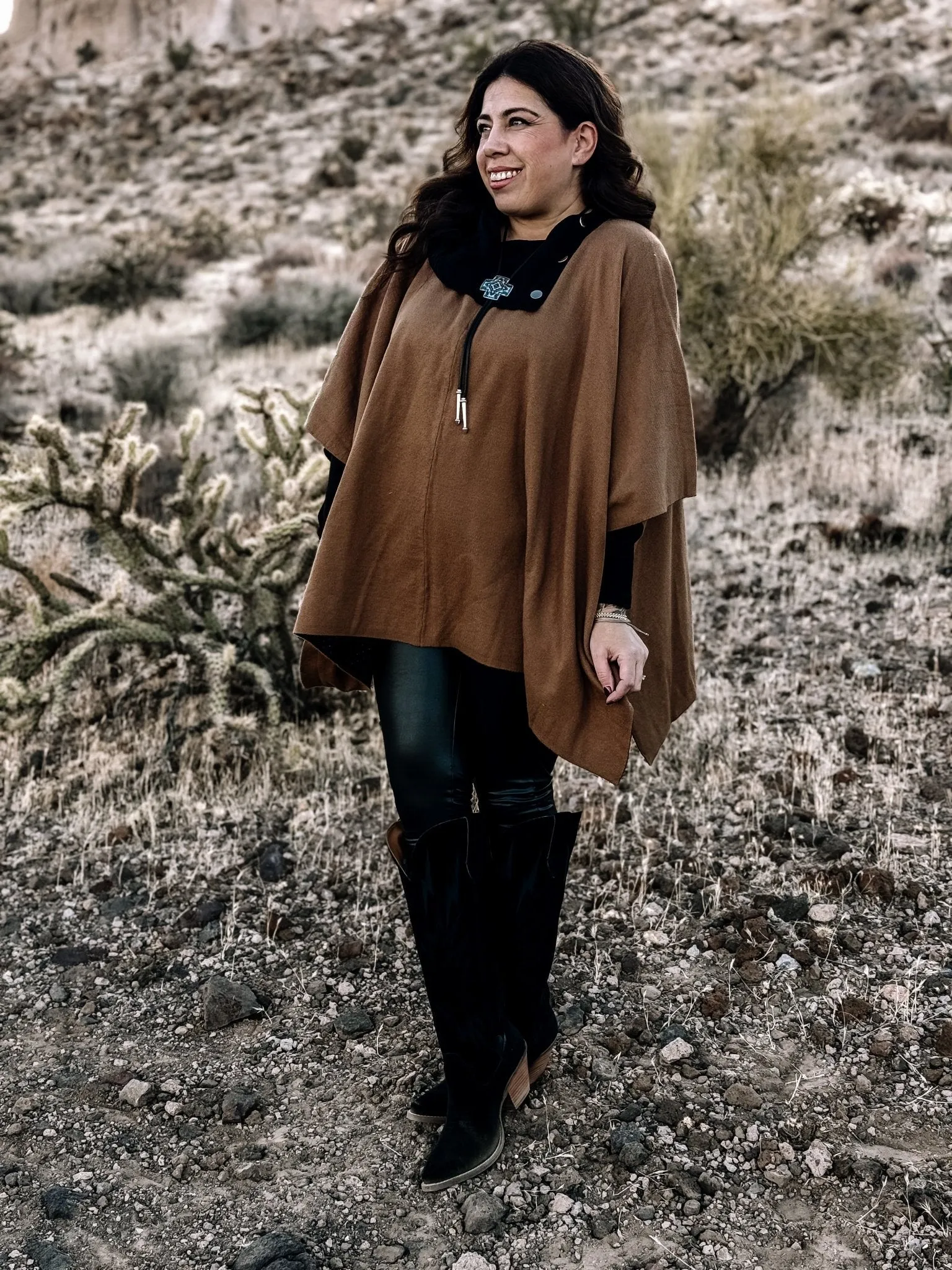 Canyon Breeze Boho Western Button Poncho Sweater, Mocha