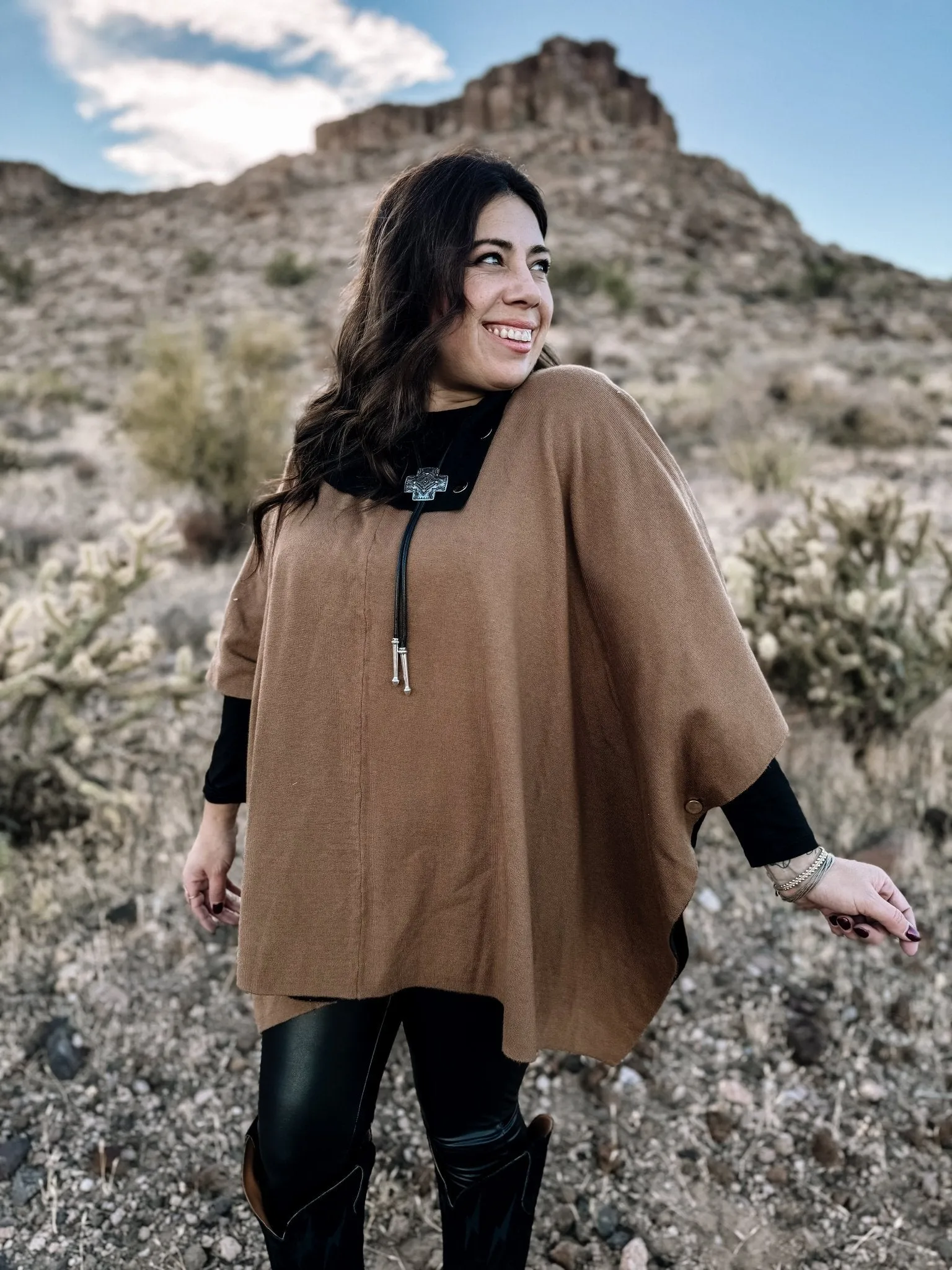 Canyon Breeze Boho Western Button Poncho Sweater, Mocha