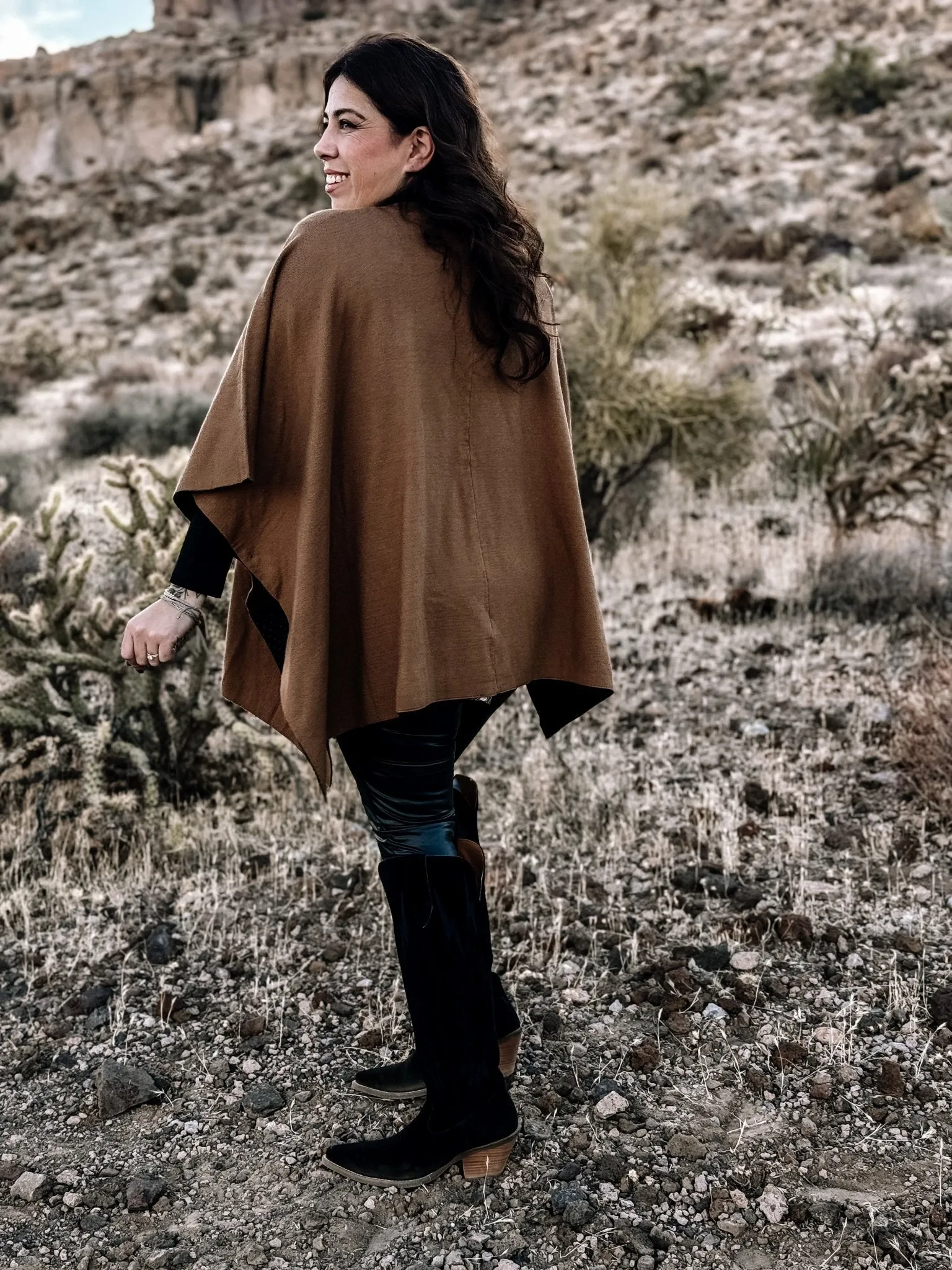 Canyon Breeze Boho Western Button Poncho Sweater, Mocha