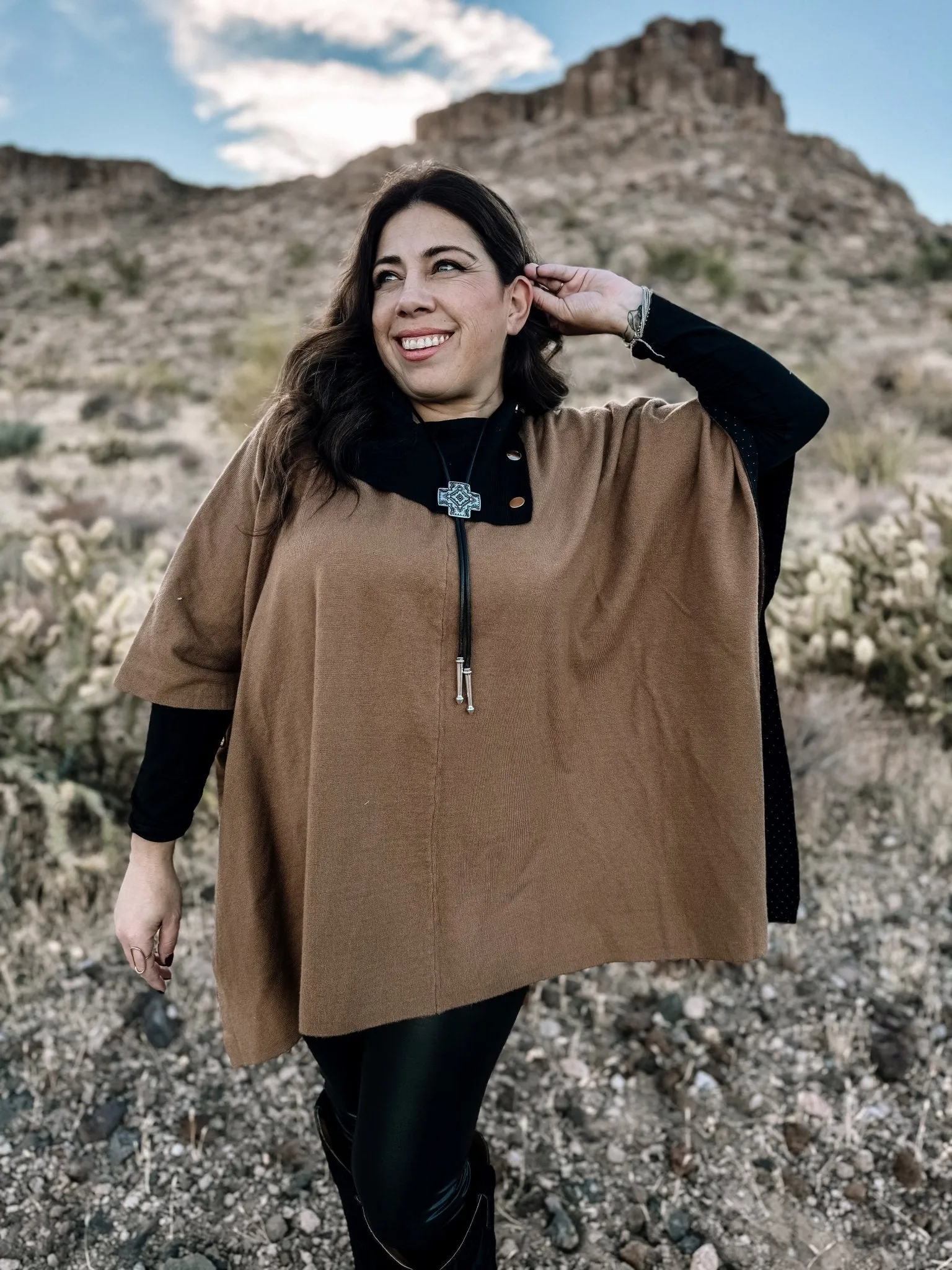 Canyon Breeze Boho Western Button Poncho Sweater, Mocha