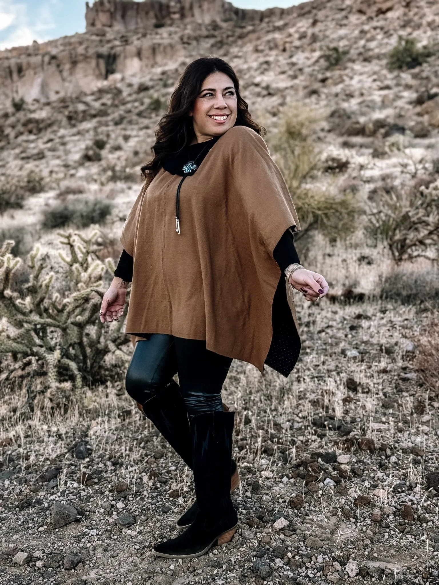 Canyon Breeze Boho Western Button Poncho Sweater, Mocha