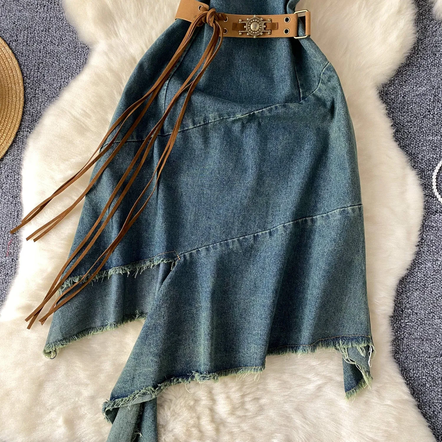 Chic Asymmetric Denim Slip Dress