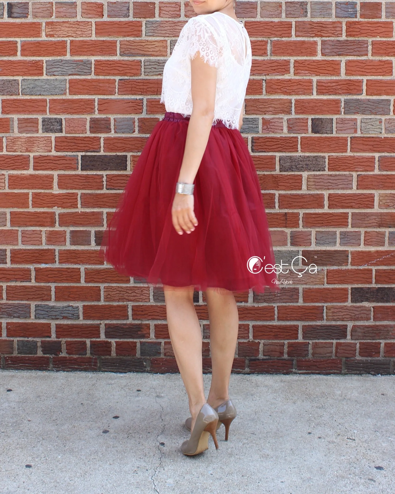 Claire Burgundy Soft Tulle Skirt - Midi