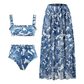 Contrast print ruffle square neck 3 piece swimwear