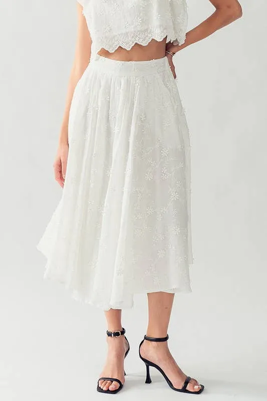 DAISY FLOWER EMBROIDERY MIDI SKIRT