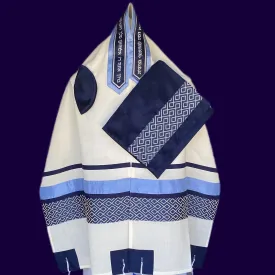 Elegant Cotton Tallit With Blue Diamond Design