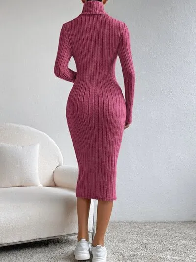 Elegant Long Sleeve Turtleneck Midi Sweater Dress