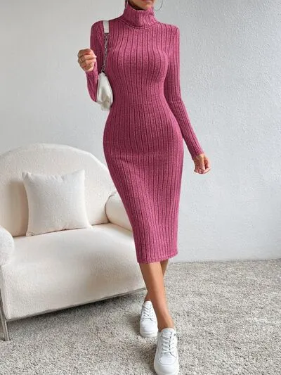 Elegant Long Sleeve Turtleneck Midi Sweater Dress