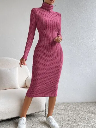 Elegant Long Sleeve Turtleneck Midi Sweater Dress