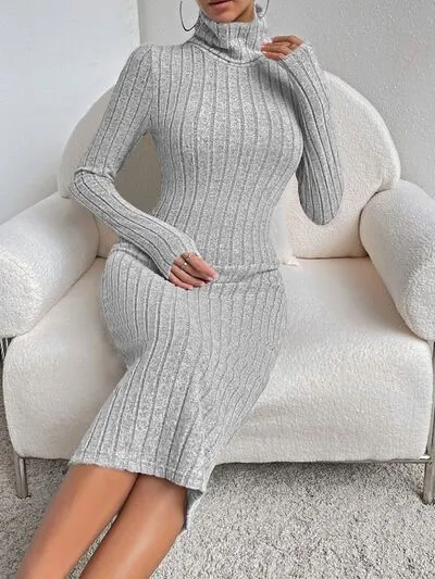 Elegant Long Sleeve Turtleneck Midi Sweater Dress