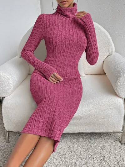 Elegant Long Sleeve Turtleneck Midi Sweater Dress