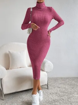 Elegant Long Sleeve Turtleneck Midi Sweater Dress