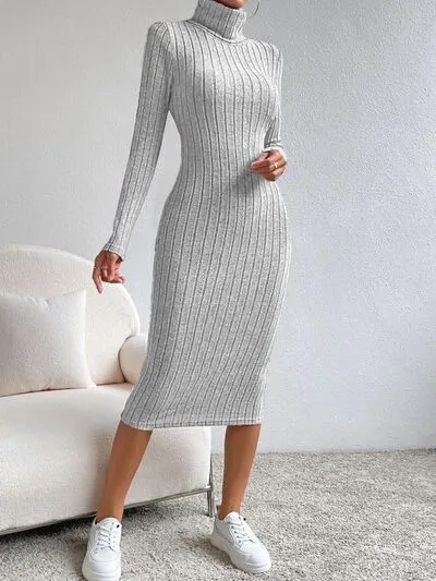 Elegant Long Sleeve Turtleneck Midi Sweater Dress