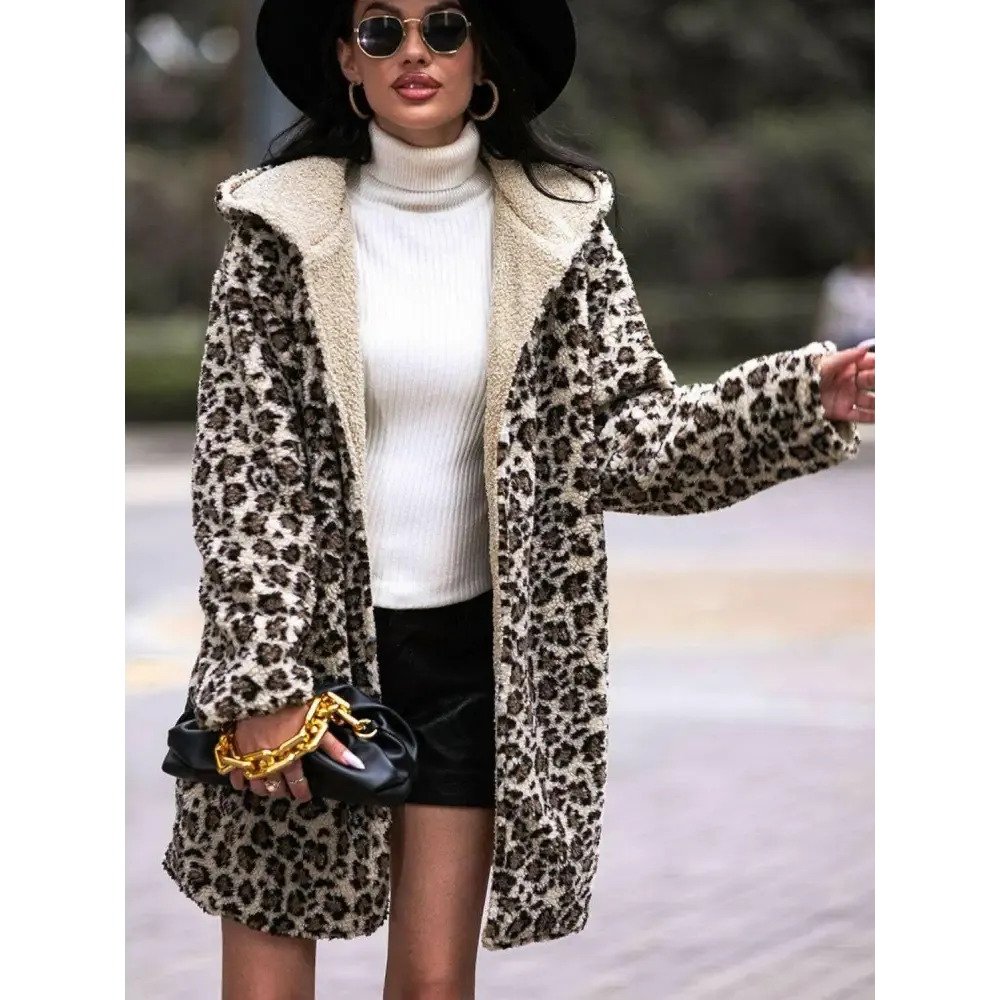 Elevate Your Wardrobe with the Shiny Leopard Print Hooded Teddy Coat