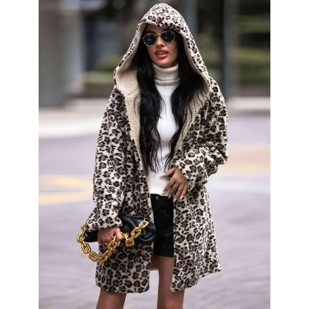 Elevate Your Wardrobe with the Shiny Leopard Print Hooded Teddy Coat