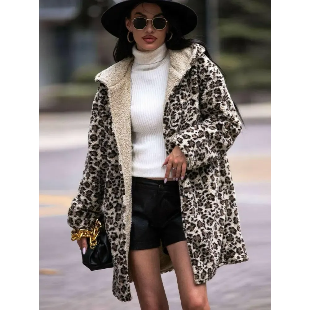 Elevate Your Wardrobe with the Shiny Leopard Print Hooded Teddy Coat