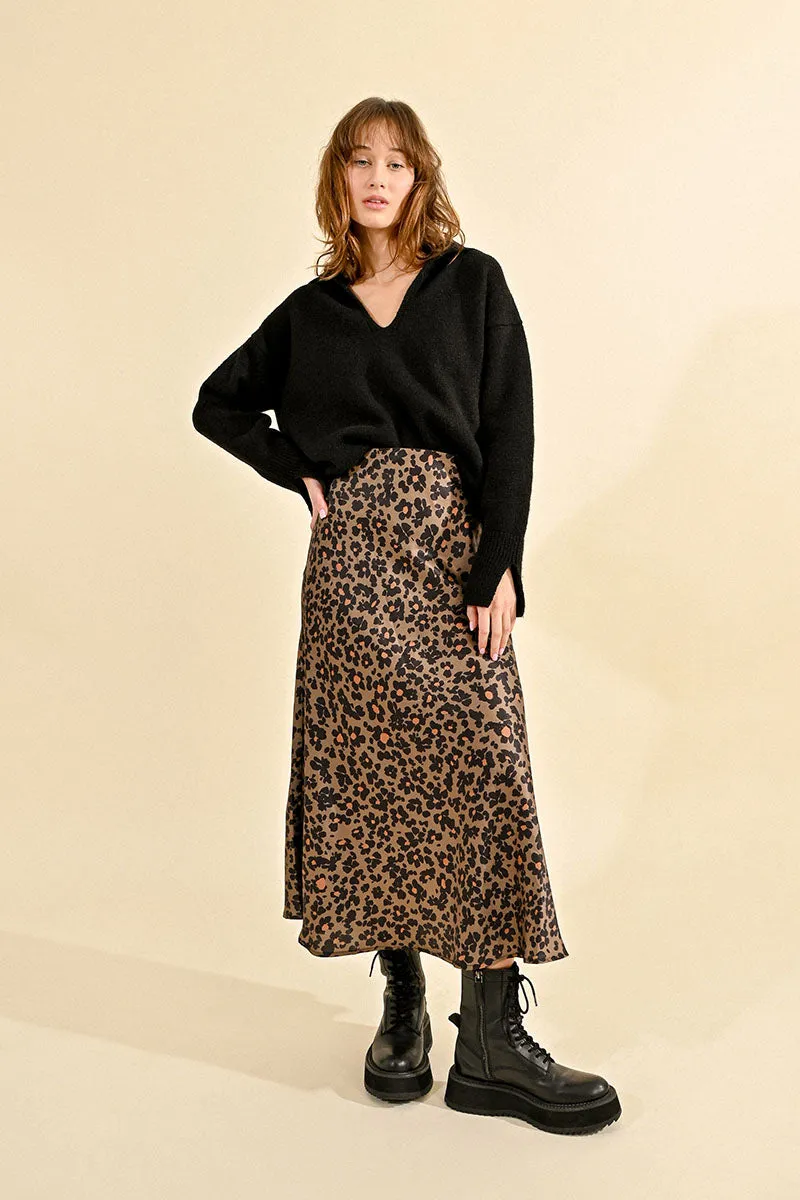 Erin Fall Floral Leopard Satin Midi Skirt