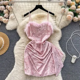 Furry Neckline Sequined Slip Dress