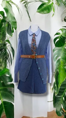 Handmade Blue wool Button up Vest - Medium Large