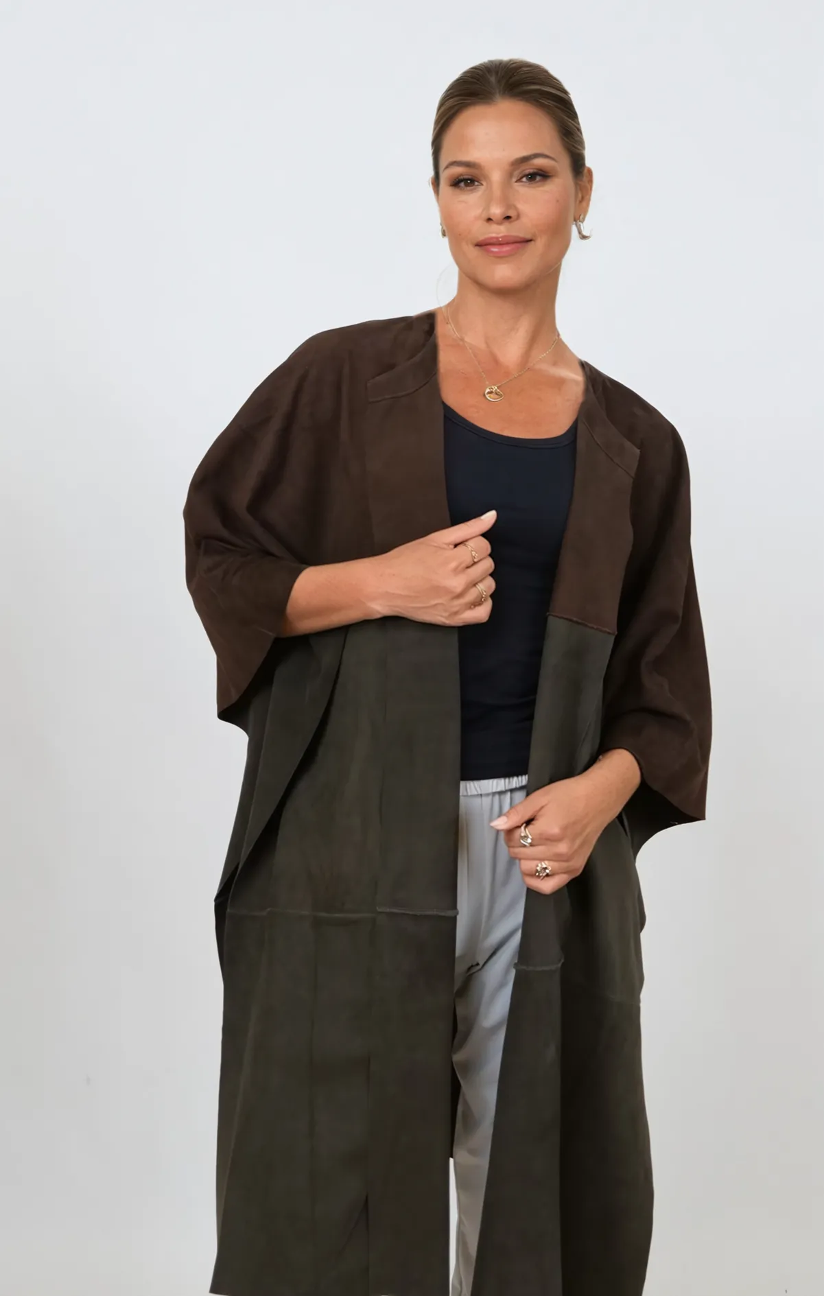 Inna Poncho, 95 cm. - Goat Suede - Women - Brown & Olive