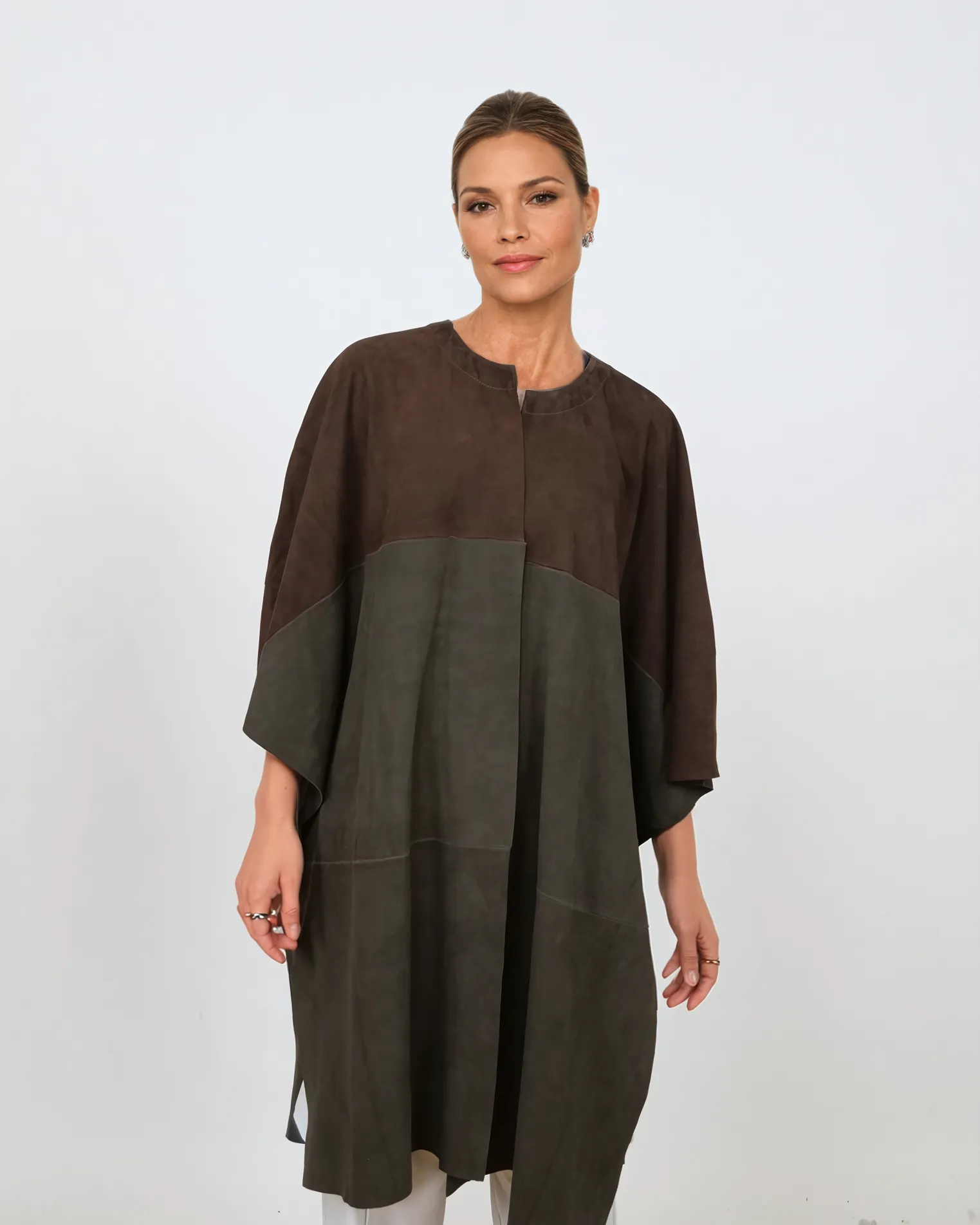 Inna Poncho, 95 cm. - Goat Suede - Women - Brown & Olive