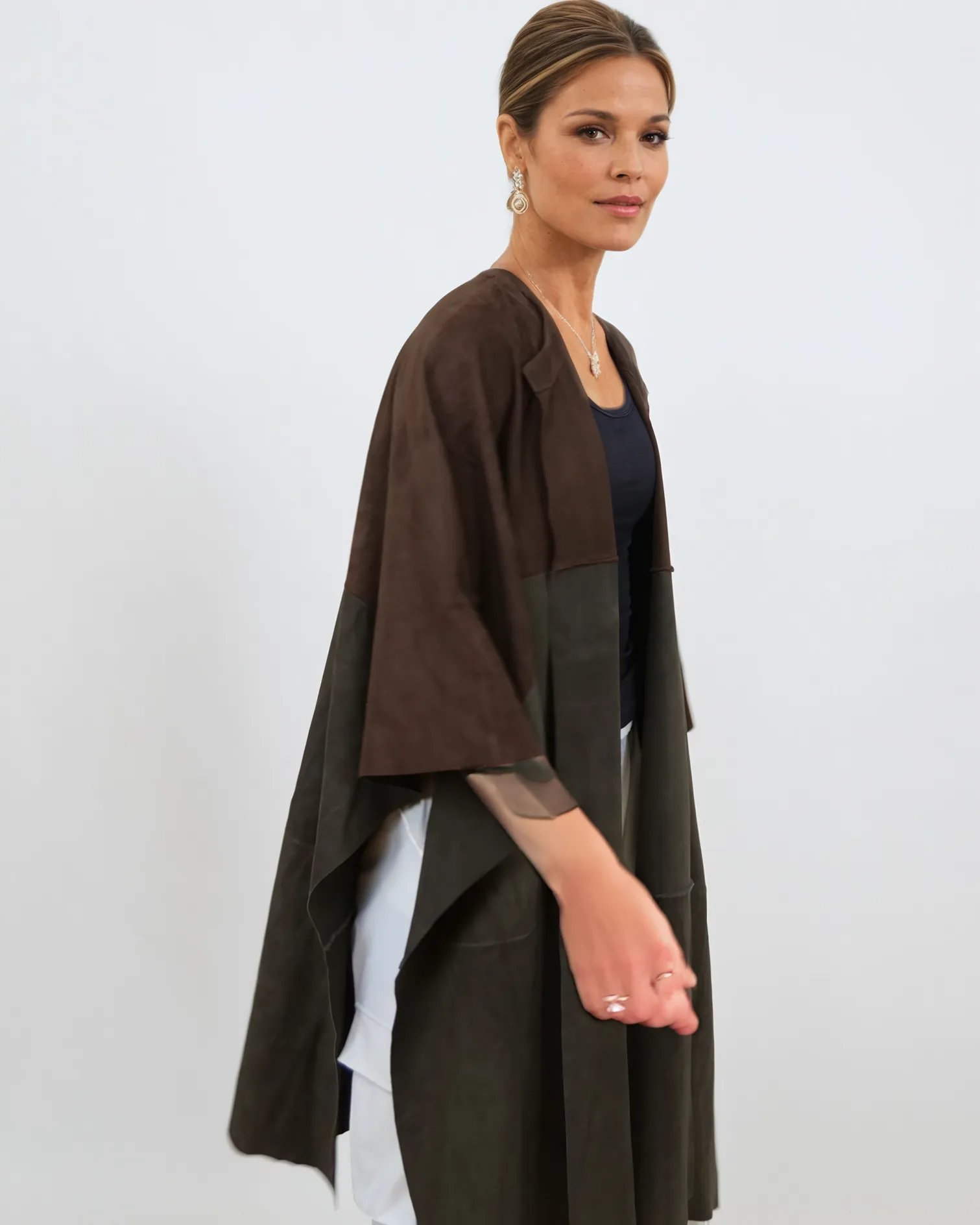 Inna Poncho, 95 cm. - Goat Suede - Women - Brown & Olive