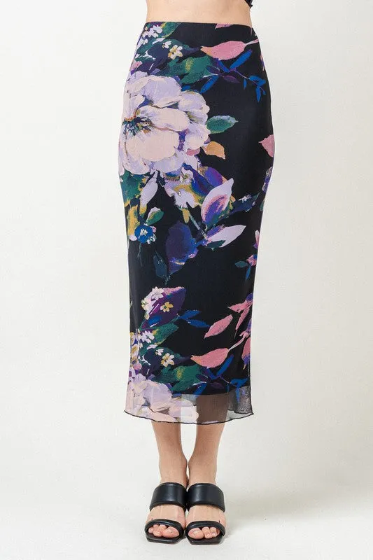 Iris Mesh Dark Floral Midi Skirt