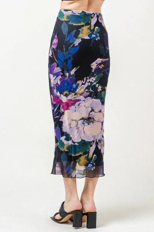 Iris Mesh Dark Floral Midi Skirt