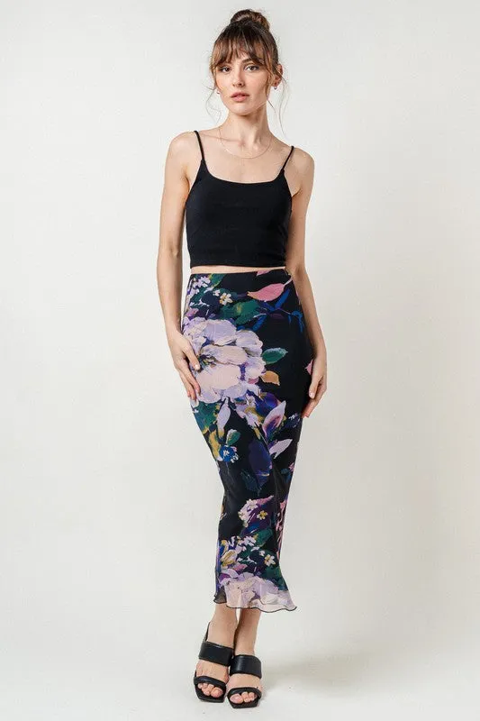 Iris Mesh Dark Floral Midi Skirt