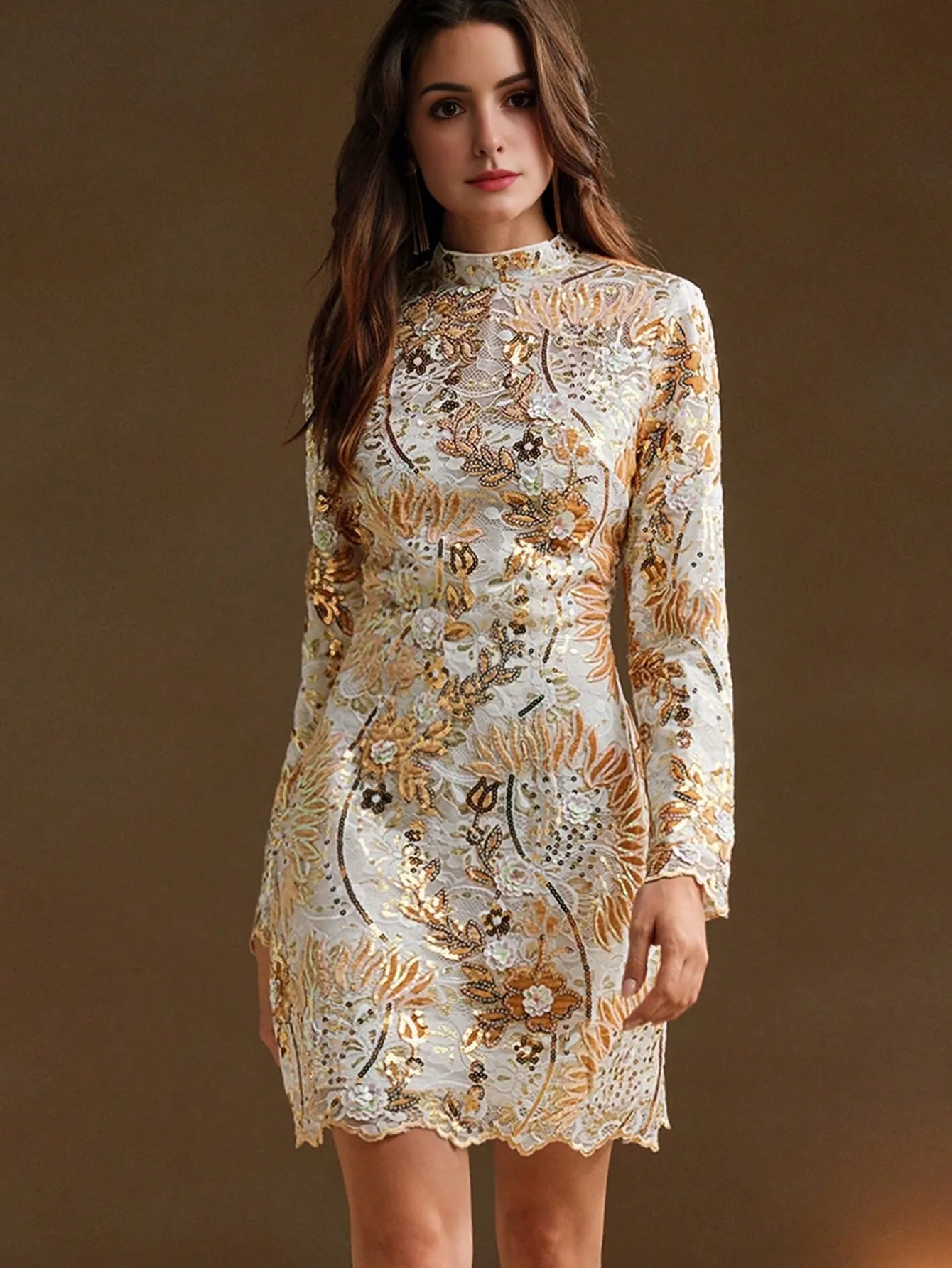 Isabella Stand Collar Long Sleeve Luxury Embroidered & Sequin Waist Fitted Dress