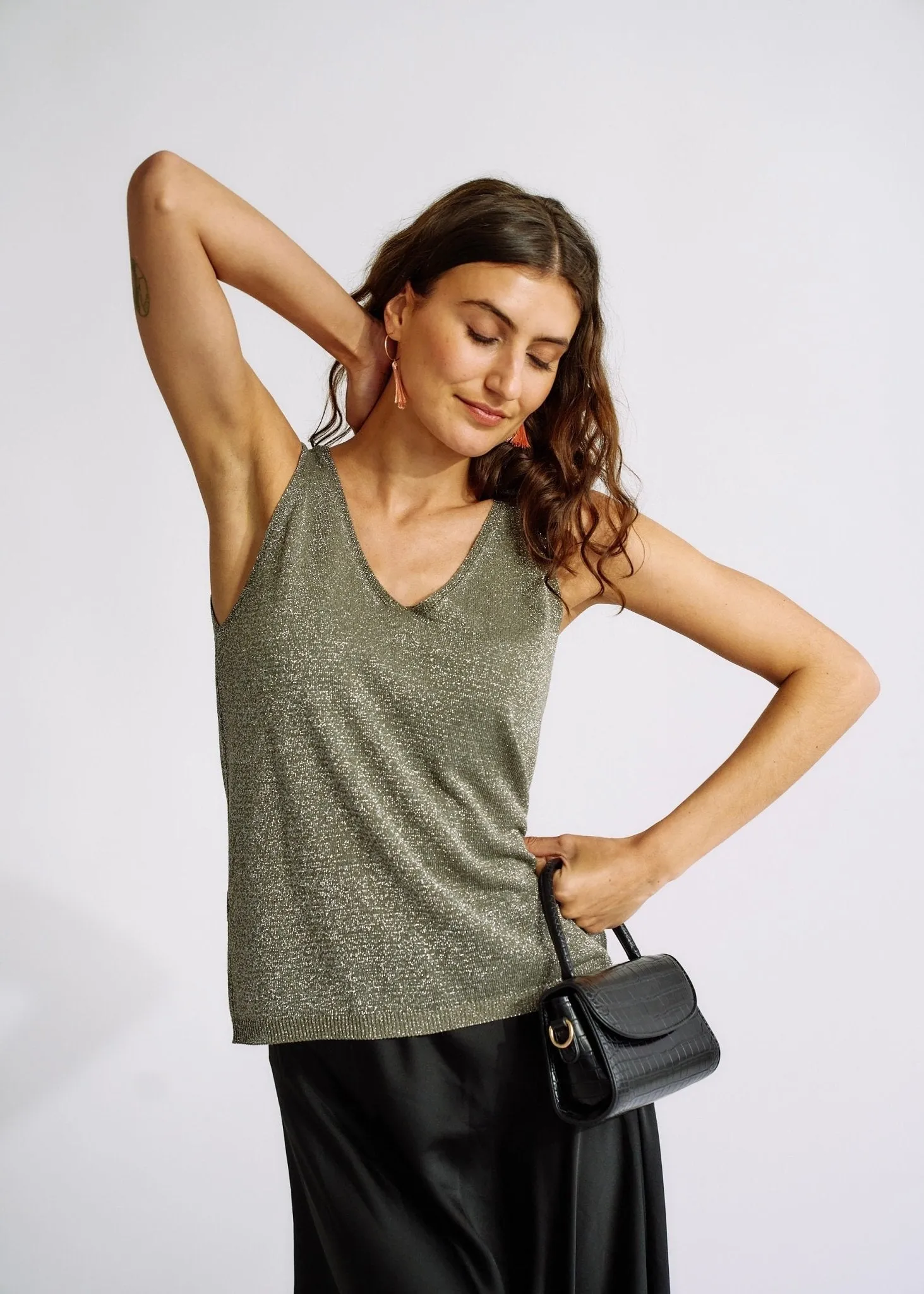 Italian Knitted Lurex Vest in Khaki