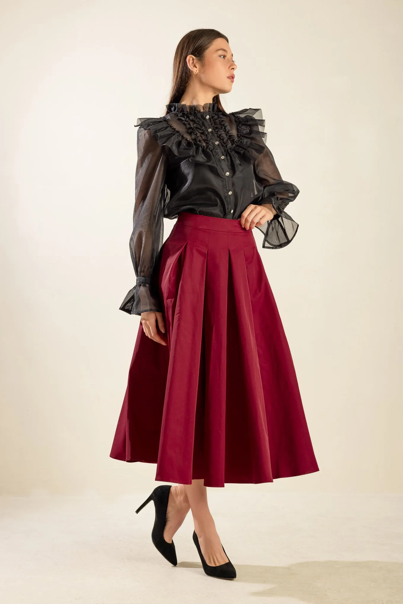 Janae Red Taffeta Full Midi Skirt