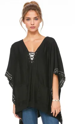 Lace Up Zen Blend Poncho Sweater in Black