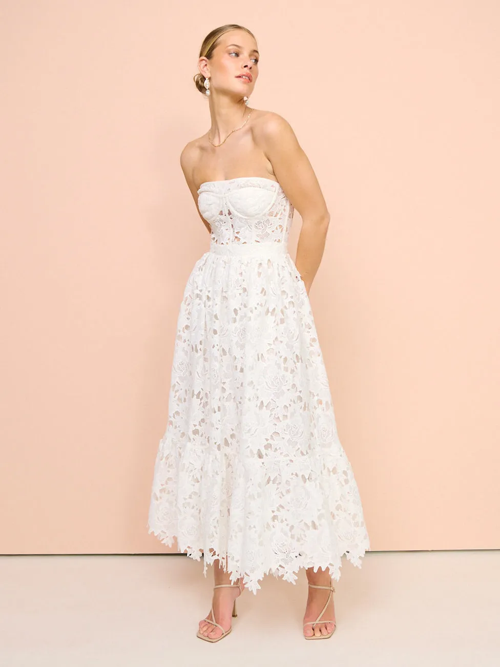 Leo Lin Emilia Lace Bustier Midi Dress in Snow