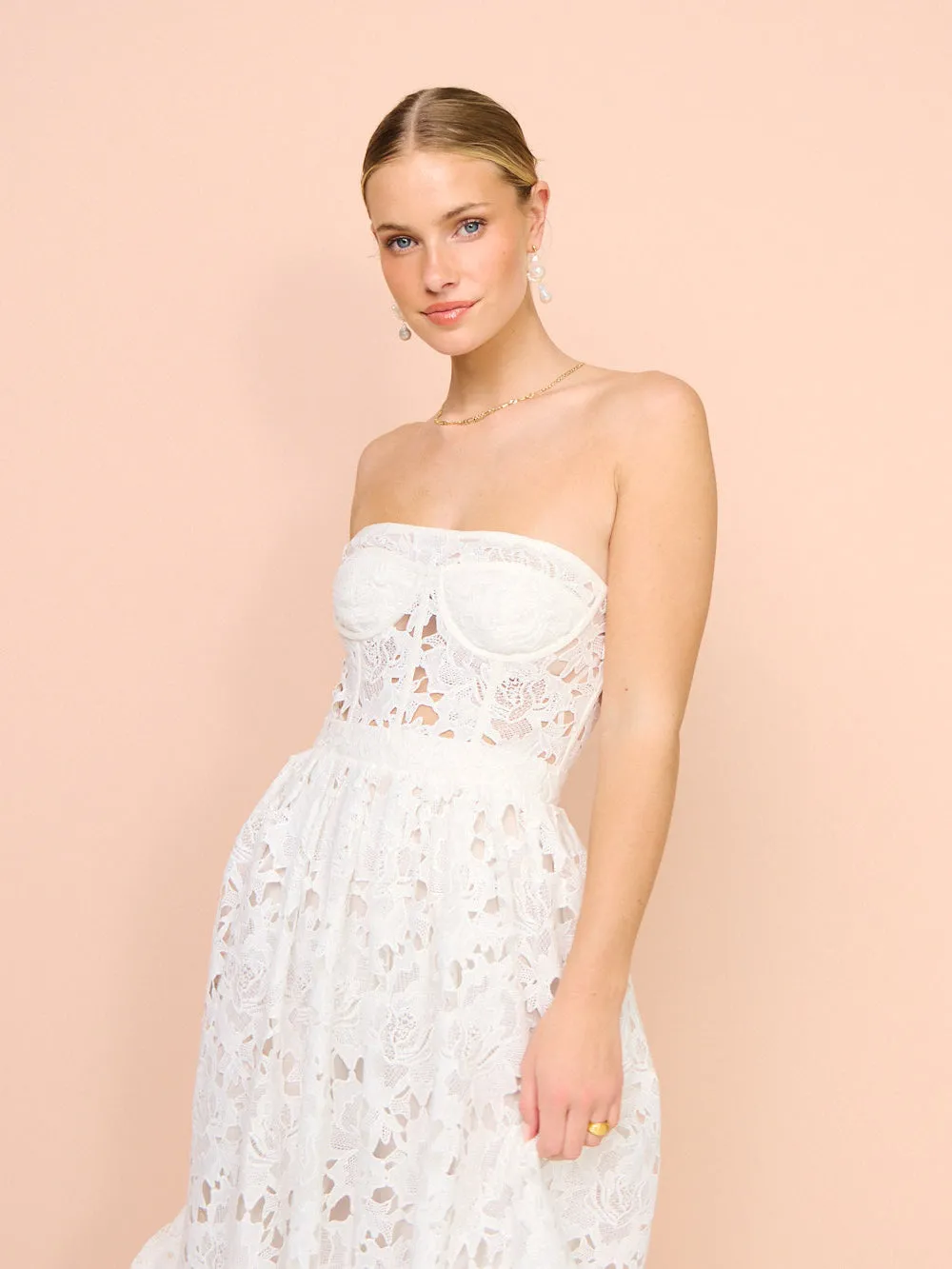 Leo Lin Emilia Lace Bustier Midi Dress in Snow