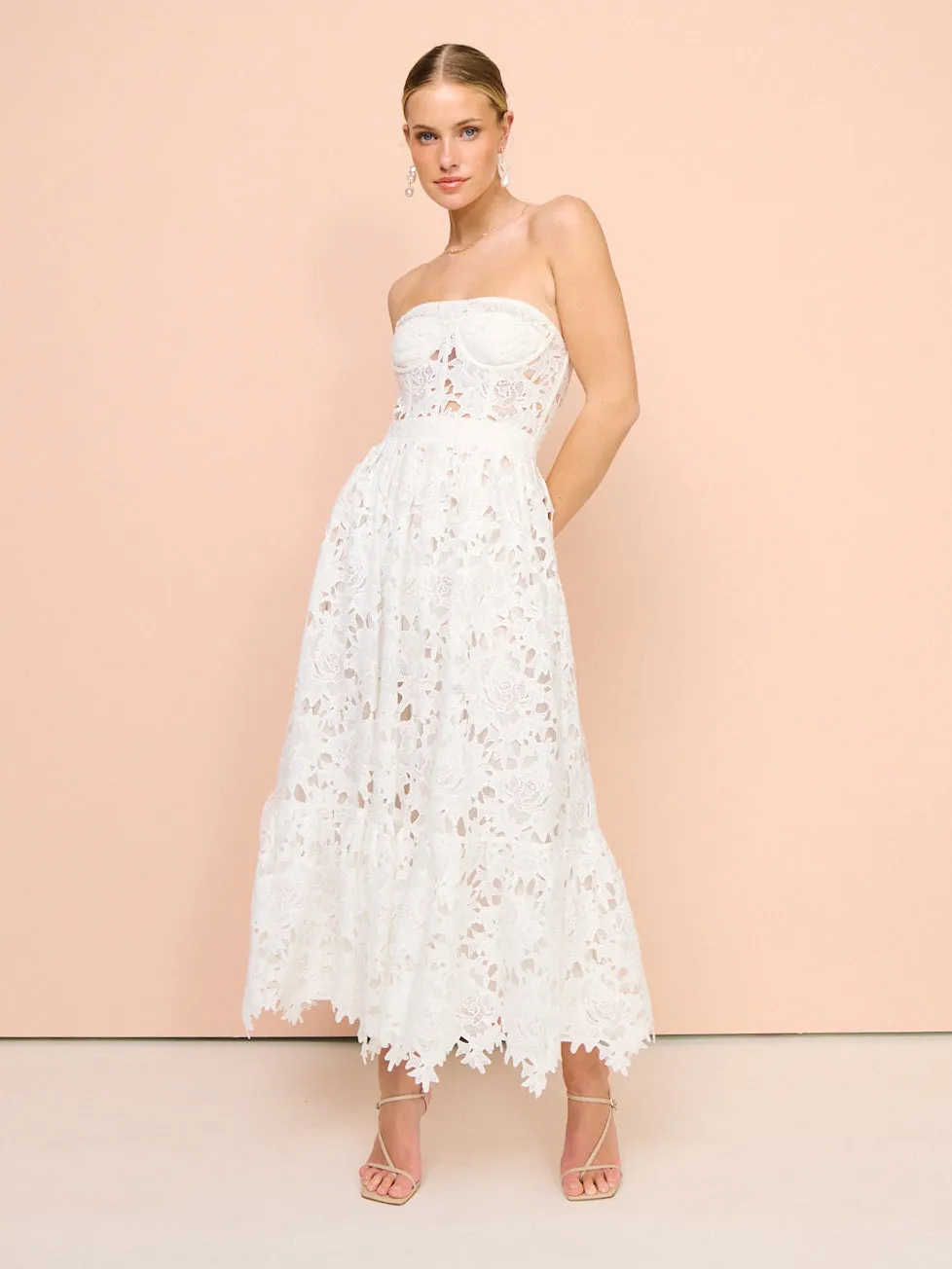 Leo Lin Emilia Lace Bustier Midi Dress in Snow