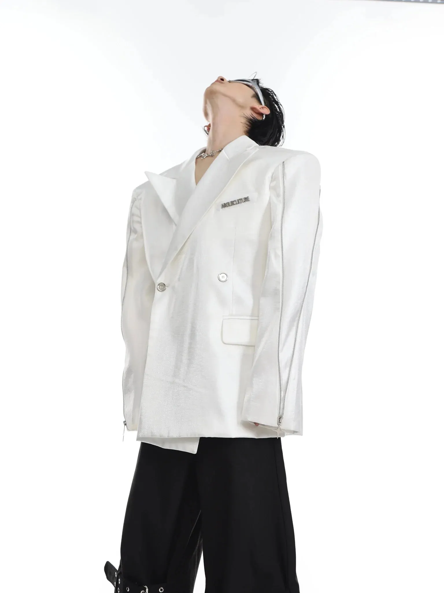 Liquid Shoulder-Pad Blazer | Futuristic Metallic Design Suit Jacket