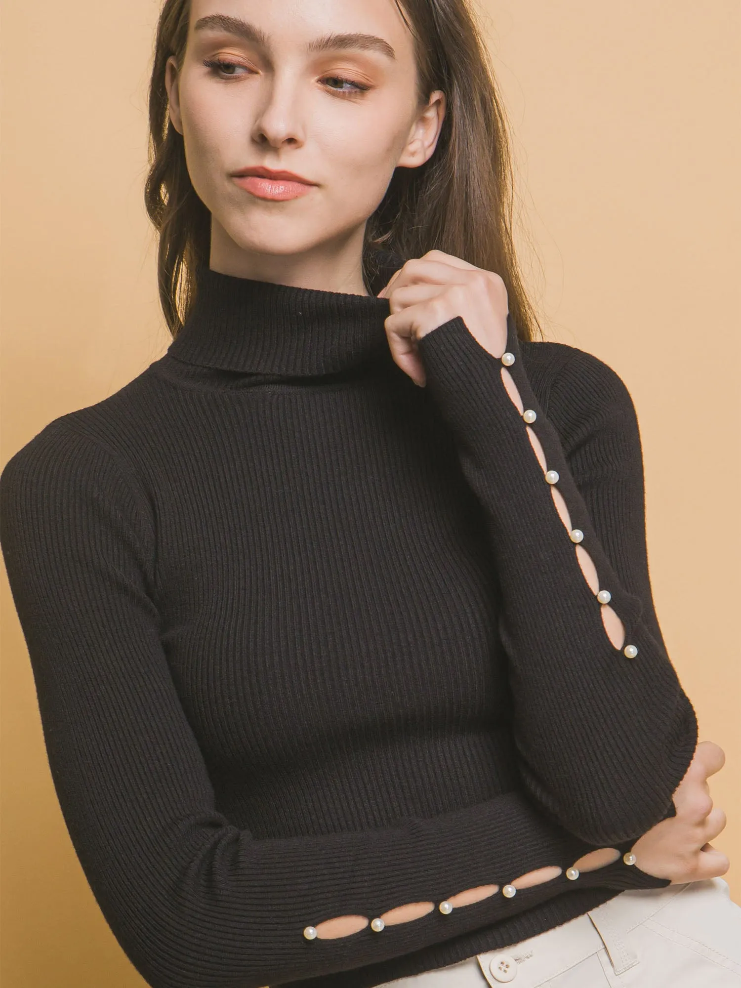 Long Sleeve Turtleneck Pearl Cuff Sweater