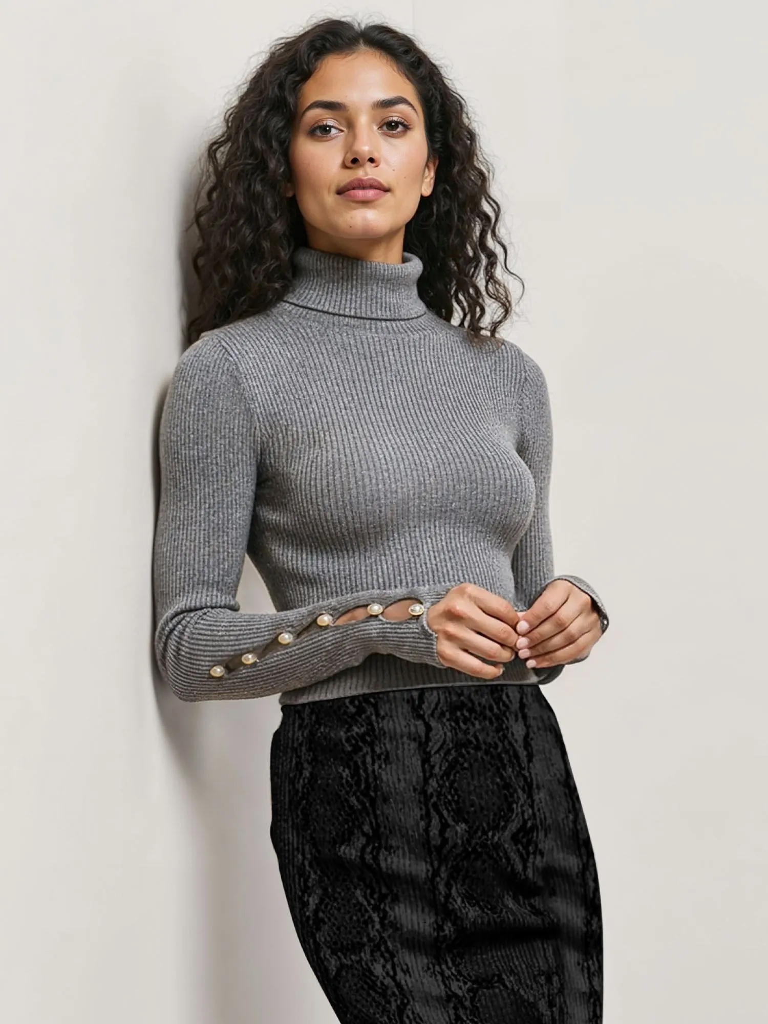 Long Sleeve Turtleneck Pearl Cuff Sweater